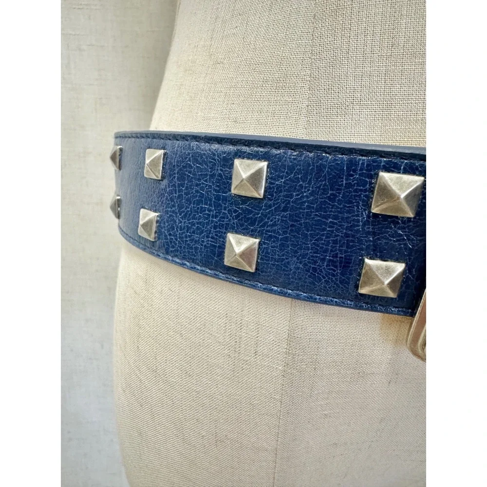 Pyramid‎ Studded Leather Belt Womens Small Navy Blue Silver Pyramid Punk Rock